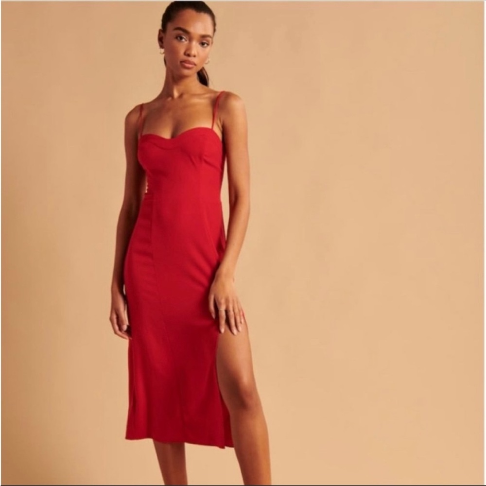 NEW! Abercrombie & Fitch Luxe Crepe High-Slit Midi Dress Red MP (Medium Petite)